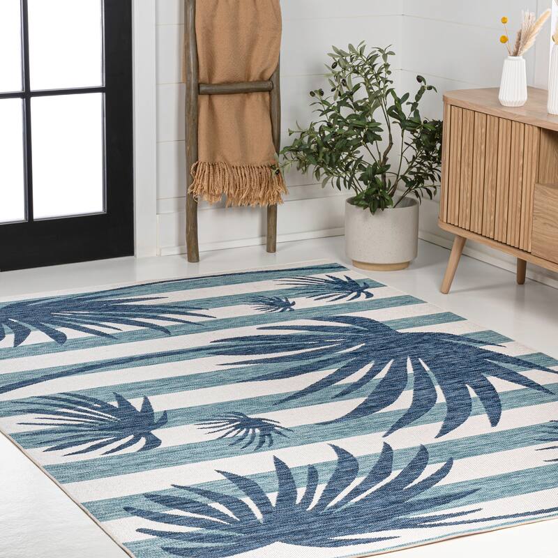 JONATHAN Y Veronica Classic Beach Stripe and Palm Leaf Indoor/Outdoor Area Rug