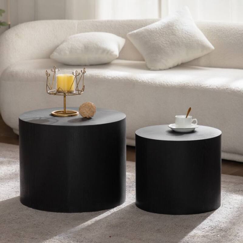 Nesting Coffee Table Set of 2, Round Wooden Coffee Tables, Circle Modern Table for Small Space, Living Room - Black