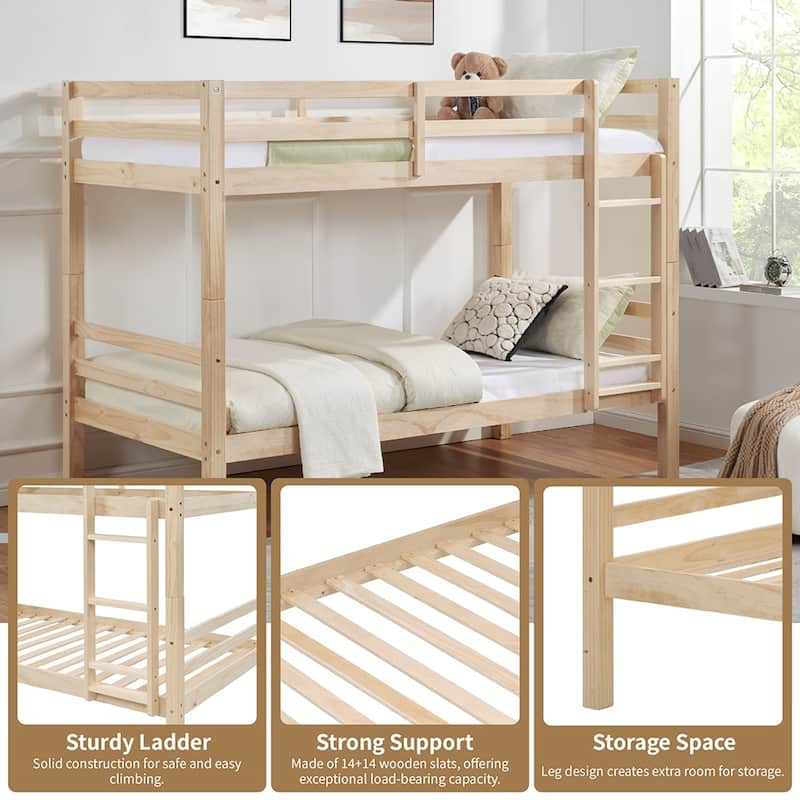Twin over Twin Wooden Bunk Bed,High Guardrail,Ladder,Kids Teens,Dorm