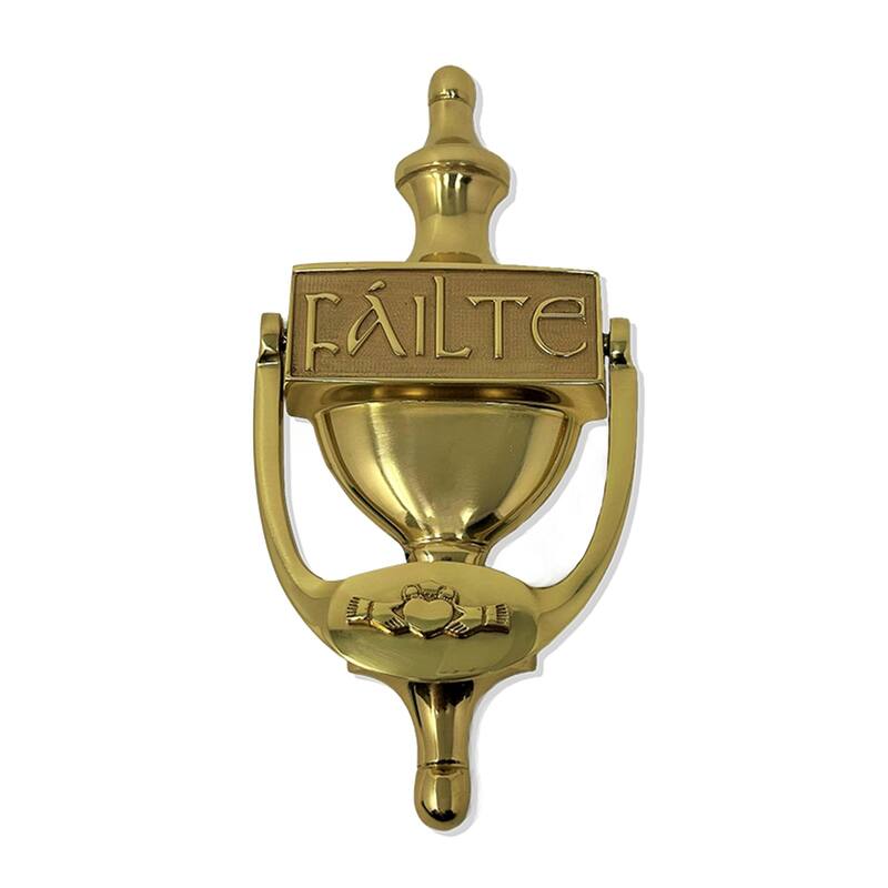 Brass Failte Claddagh Door Knocker with Vintage Finish and Irish Plaque