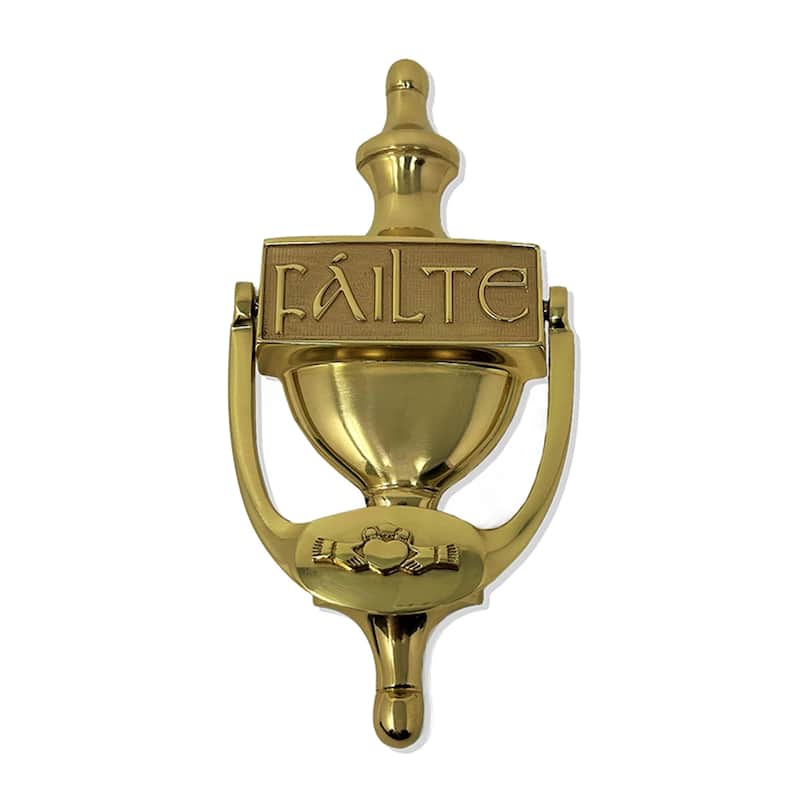 Brass Failte Claddagh Door Knocker with Vintage Finish and Irish Plaque - Failte