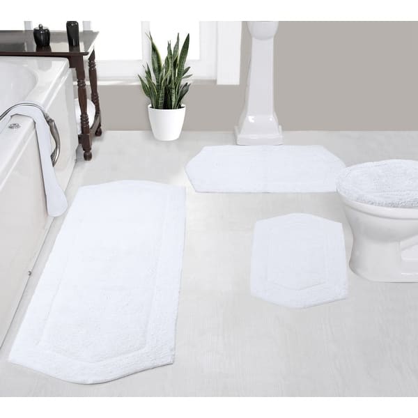 slide 2 of 9, Waterford Collection 100% Cotton Non-Slip Bathroom Rug, Machine Washable Bath Rug, 4 Piece Bath Mat Set with Toilet Lid Cover White