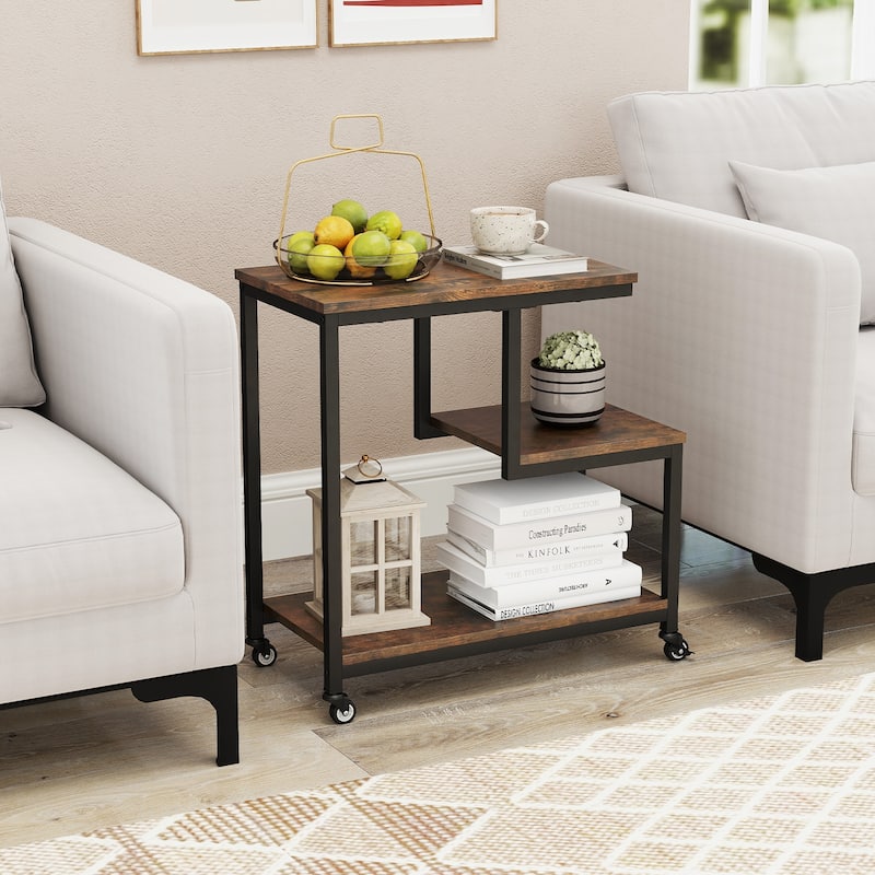 3-Tier G-Shaped Wooden Side End Table with Wheels and Storage for Living Room or Office Use - 23" x 12" x 24"