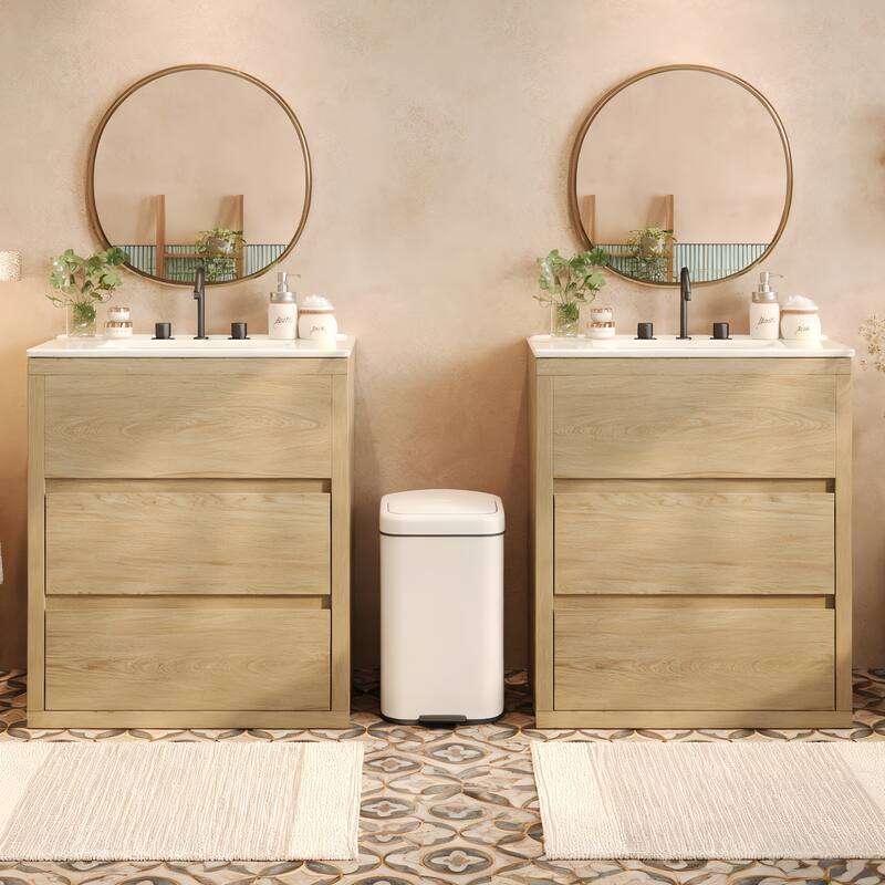 30"/60" Bathroom Vanity Set, Freestanding Bathroom Vanity Cabinet with Ceramic Sink Basin & Drawers - Natural Wood - 60 Inch