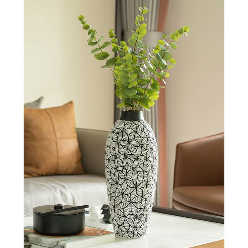 Flower-Inspired Ceramic Vase - Unique White 17-Inch-Tall Round Table Decor for Entryway, Dining Room, Living Room, Classic White