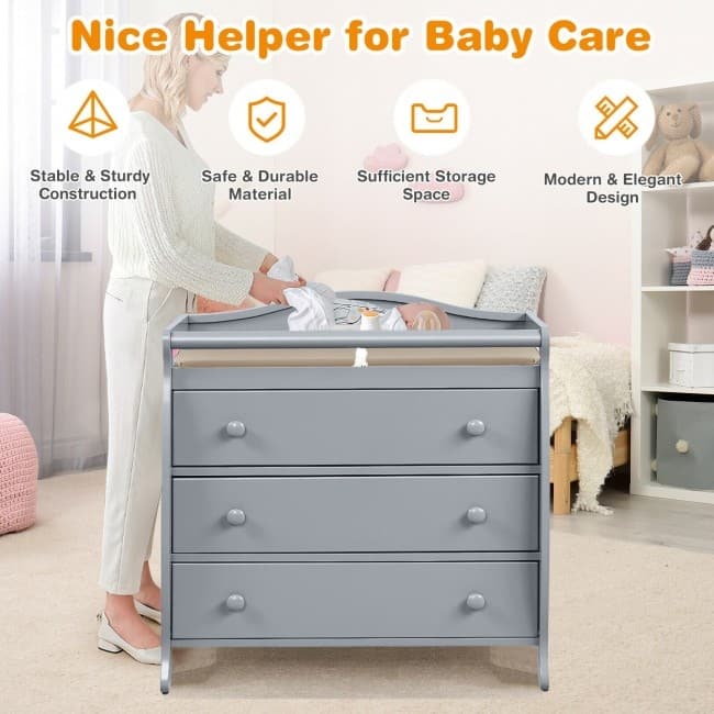 Baby Changing Table Infant Diaper with 3 Drawers and Safety Belt-Brown - 35.5" x 23" x 39" (L x W x H)