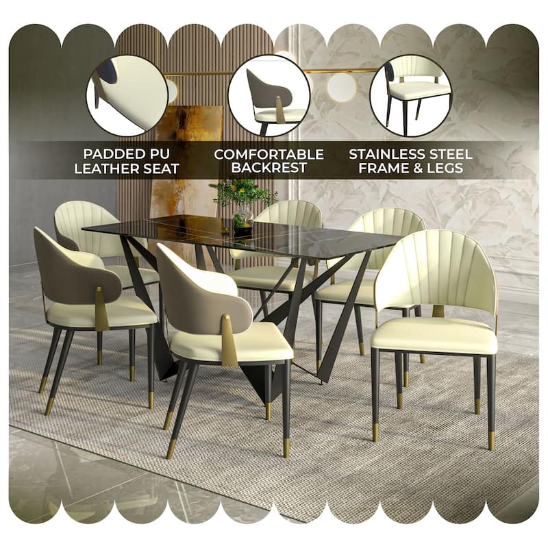 Aria Modern Ergonomic Leather Dining Chair with Iron Legs and Gold Accents Design Side Chair