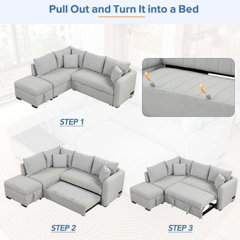 Grey 82.6" L-Shaped 5-Seater Sleeper Sofa with Ottoman