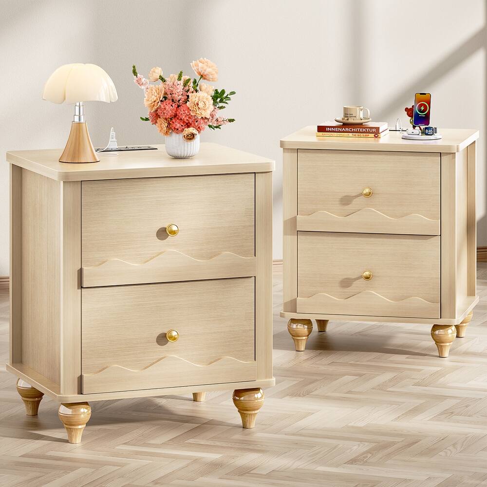 Narill Wave-Inspired Nightstand with Charging Station, Side End Table with 2 Drawers