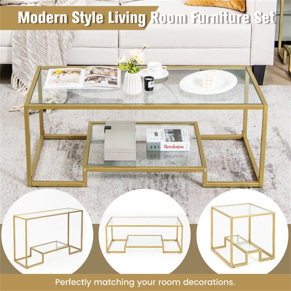 Modern 2-Layer Glass Top Coffee Table – Rectangular 37.4 X 21.6 X 17.7 Inches, Tempered Glass Shelf