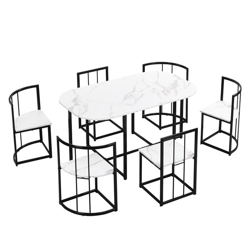 7-Piece Dining Table Set with Faux Marble and Wood Desktop Table and 6 Chairs with Iron Frame