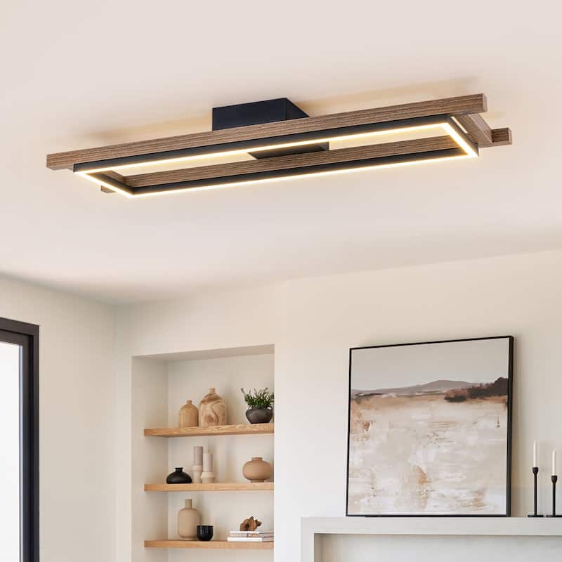 Integrated LED Rectangle Wood Semi Flush Mount Ceiling Light for Hallway Foyer - 1-light 27.6"