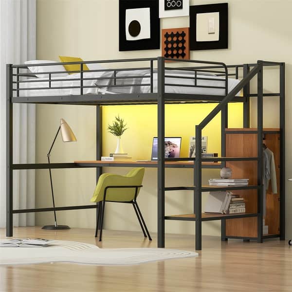 slide 2 of 39, Metal Loft Bed with Bulit-in Desk, Storage Staircase and Small Wardrobe, Full Size Loft Bedframe with LED Light and Guardrails Black+Brown