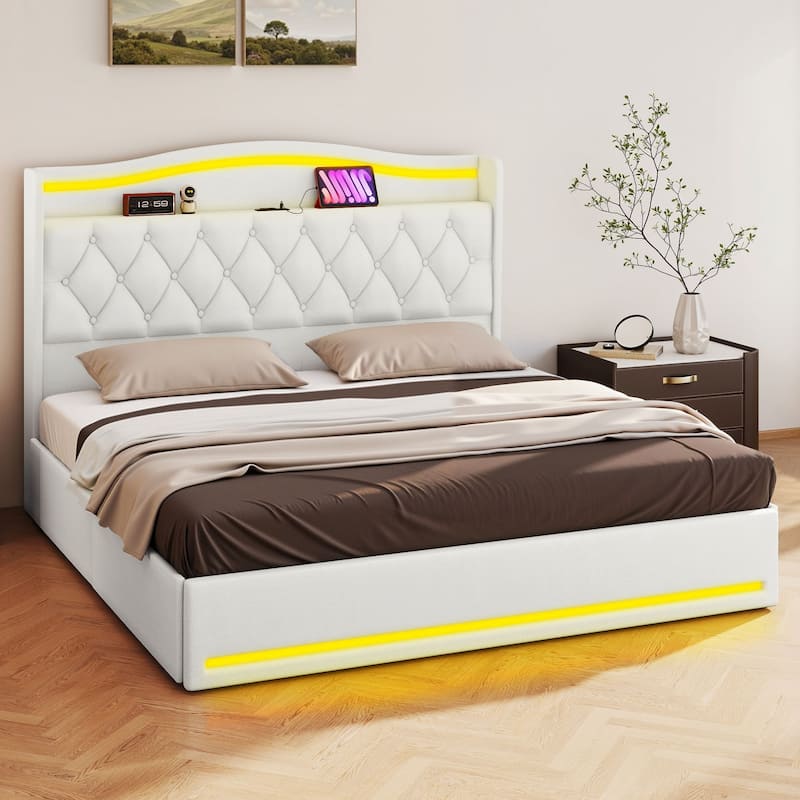 Moasis Queen Size Velvet Upholstered Bed Frame with 4 Storage Drawers & RGB Lights