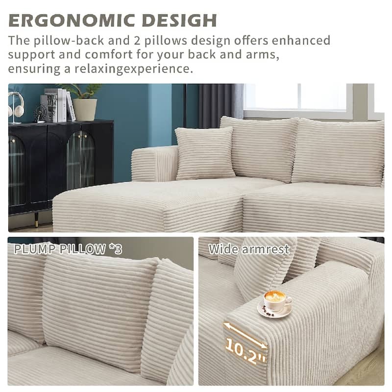 L-Shape 3-Seat Modular Sofa Memory Foam Sectional Couches with Oversized Chaise