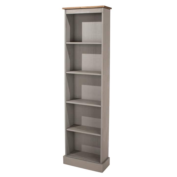 Wood Bookcase Tall Narrow Corona Collection | Furniture Dash - Gray wash stain, top in antique brown stain.