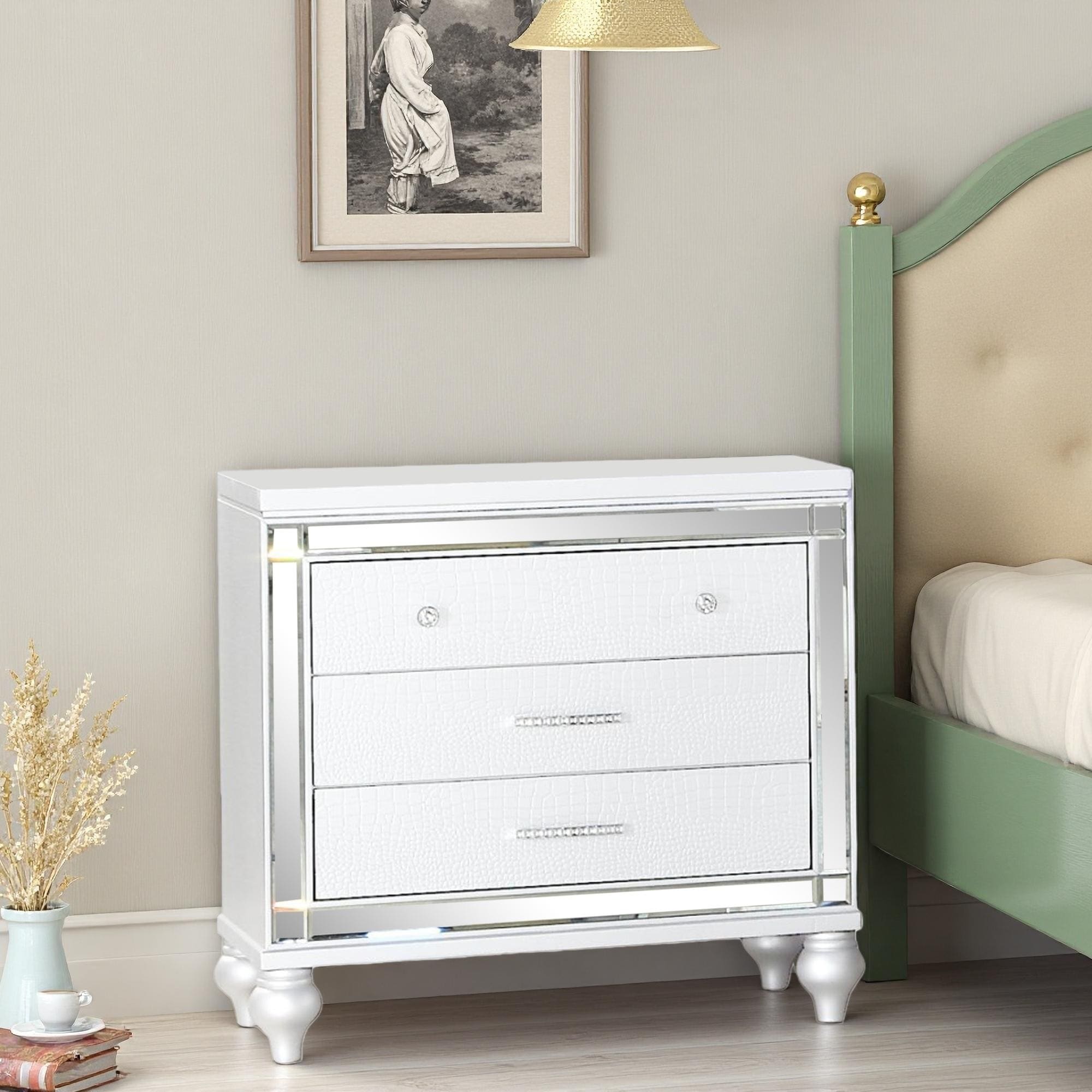 26"L Wood Nightstand with Beveled Mirror Framing, Textured Crocodile Finish, Crystal-Inspired Pulls, 3-Drawer Bedside Table
