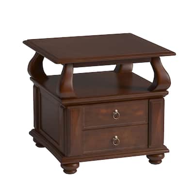 26" Versatile Solid Wood End Table with 2 Drawers and Open Shelf Brown Walnut Finish for Living Room - 28”L x 26”W x 26”H