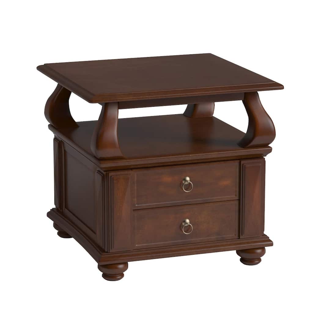 26" Versatile Solid Wood End Table with 2 Drawers and Open Shelf Brown Walnut Finish for Living Room - 28”L x 26”W x 26”H