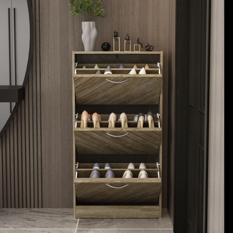 Kerrogee 18-Pair Shoe Storage Cabinet with 3 Flip Drawers Wood/ Grey