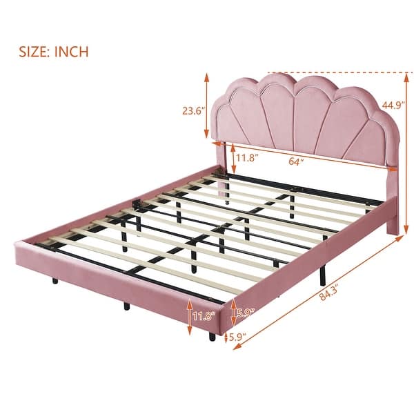 dimension image slide 1 of 2, Queen Platform Bed with LED and Floral Headboard