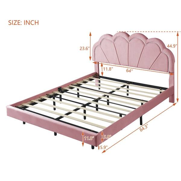dimension image slide 1 of 2, Queen Size Platform Bed with Smart LED and Elegant Flowers Headboard
