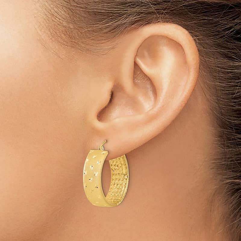 Curata 14k Yellow Gold Satin and Diamond Cut In Out Wide Hoop Earrings 26x8mm