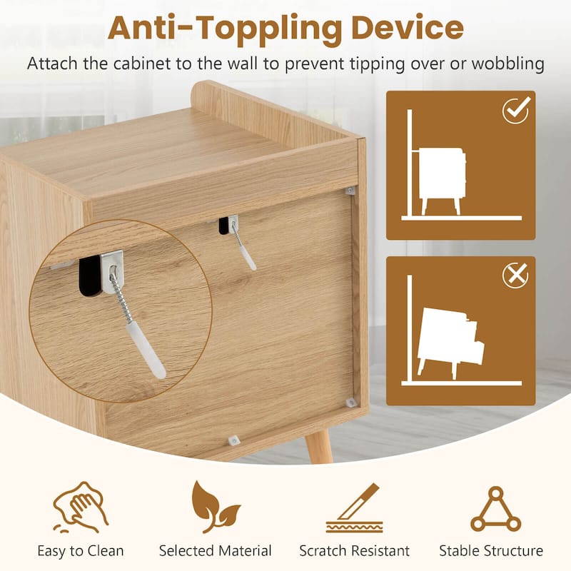 Costway Modern Nightstand End Bedside Table with 2 Rattan Drawers & - See Details