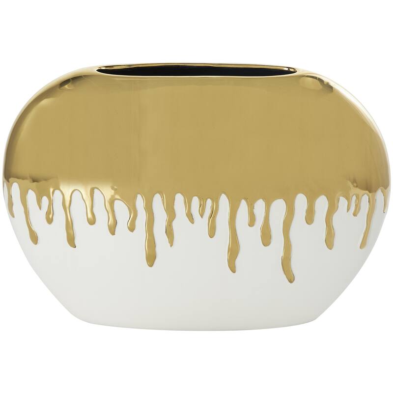 Ceramic Decorative Vase with Abstract Gold Melting Drips - Black or White - CosmoLiving by Cosmopolitan - White - 16"W, 11"H