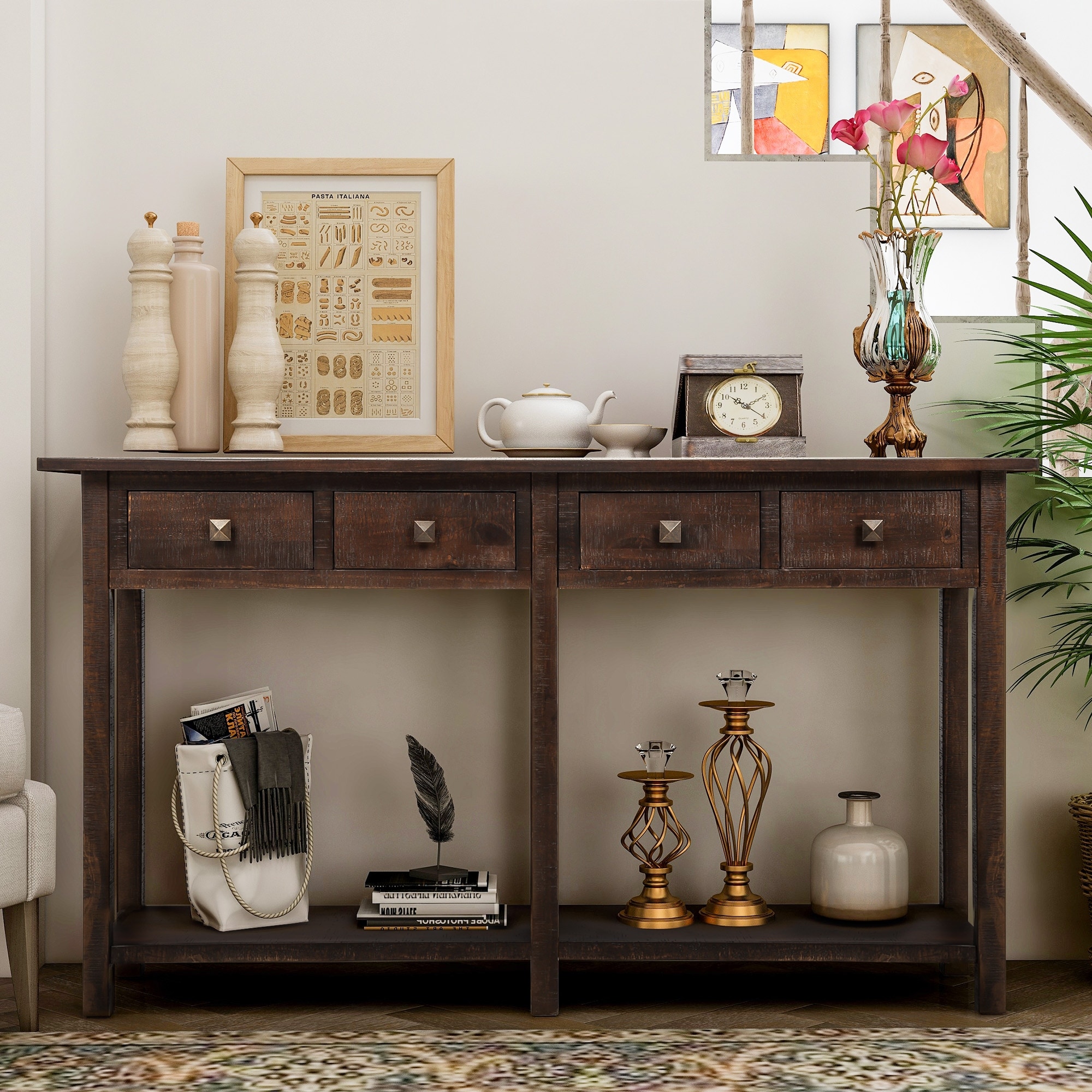 Console Table with 4 Storage Drawers and 1 Bottom Shelf Bed Bath