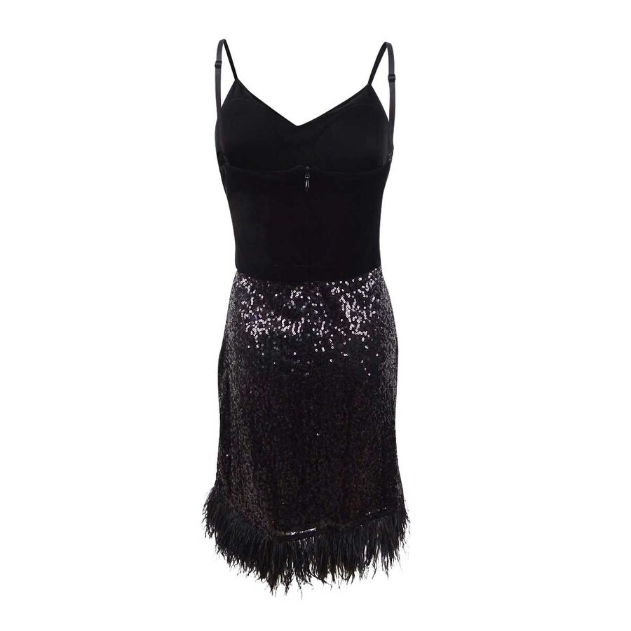 feather trim black dress