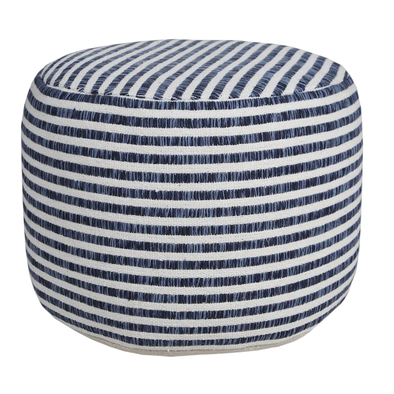 18" Blue and White Striped Round Pouf Ottoman