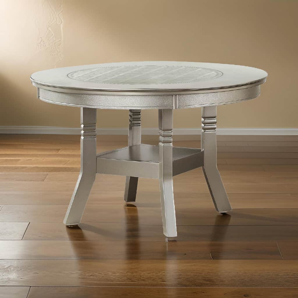 Round Wooden Dining Table with Glass Inserted Top, Champagne Silver