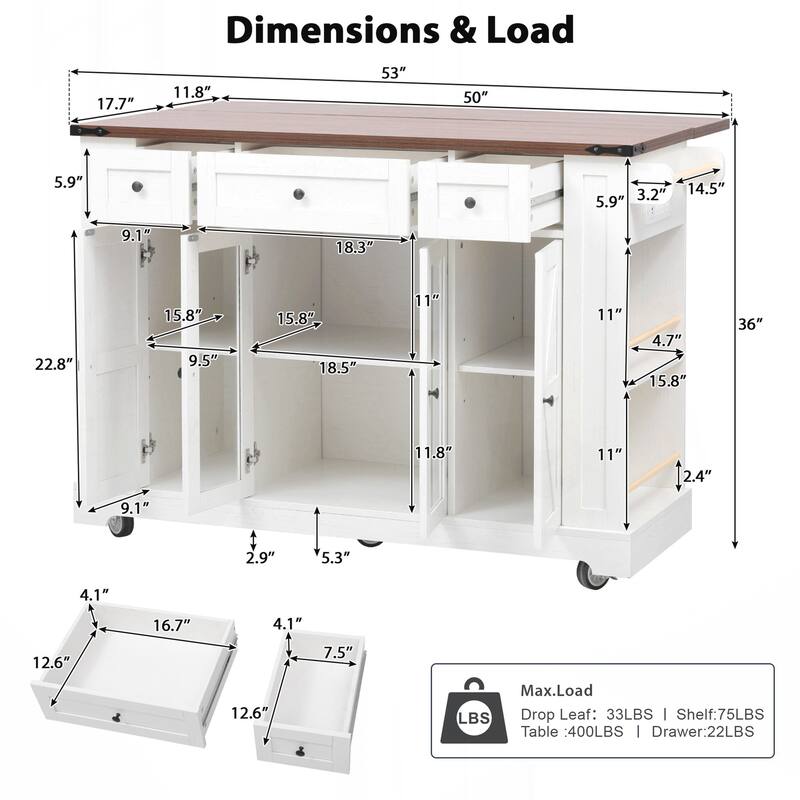 Kitchen Island with Two Tempered Glass Cabinet Doors, Power Outlet, Rolling Kitchen Cart on Wheels with Drop Leaf