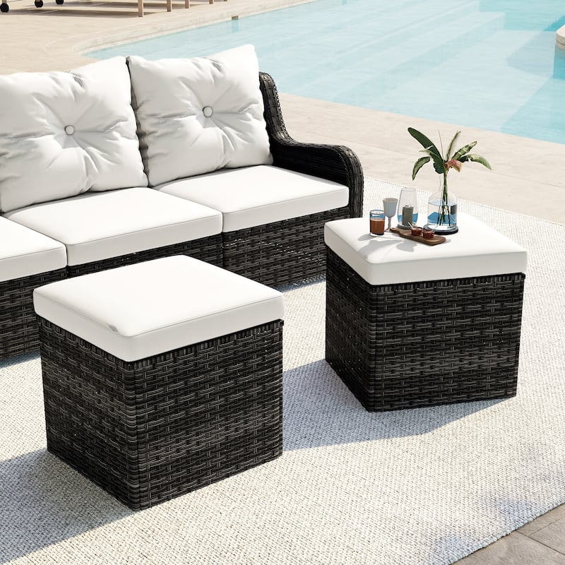 2 Set Outdoor 17.7" W Square Rattan Ottoman Patio Ottoman with Cushion - Beige