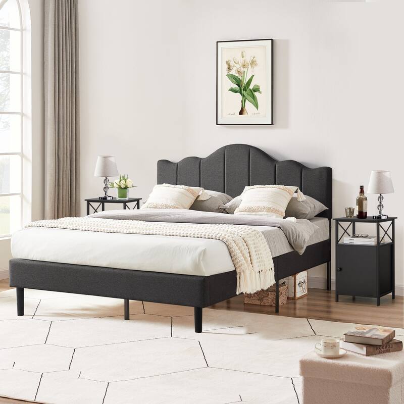 VECELO Modern Bedroom Set of 3 with Height Adjustable Upholstered Bed and Nightstands Set of 2