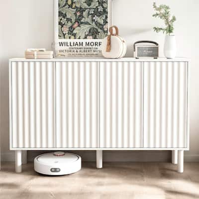 Minimalist 4-Door Storage Cabinet with Fluted Doors, Adjustable Shelves and Solid Wood Legs, Sideboard for Living Room, White