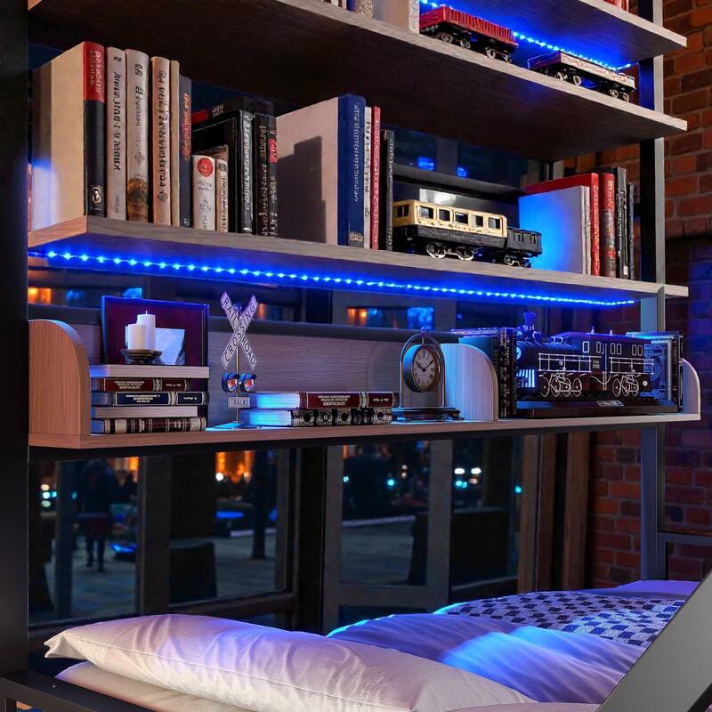 Metal Bunk Bed with Storage Shelves and LED Lights, Space Saving Noise Free Bunk Bed Frame with Guardrails