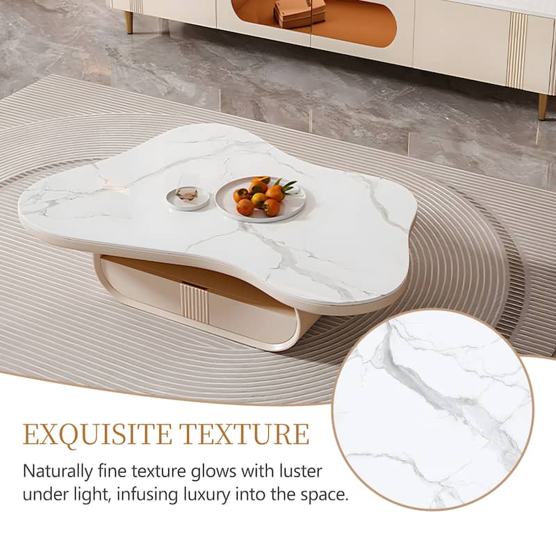 51" White Coffee Table, Cloud Shaped, with Drawers, Sintered Stone Top - 51" X 35"