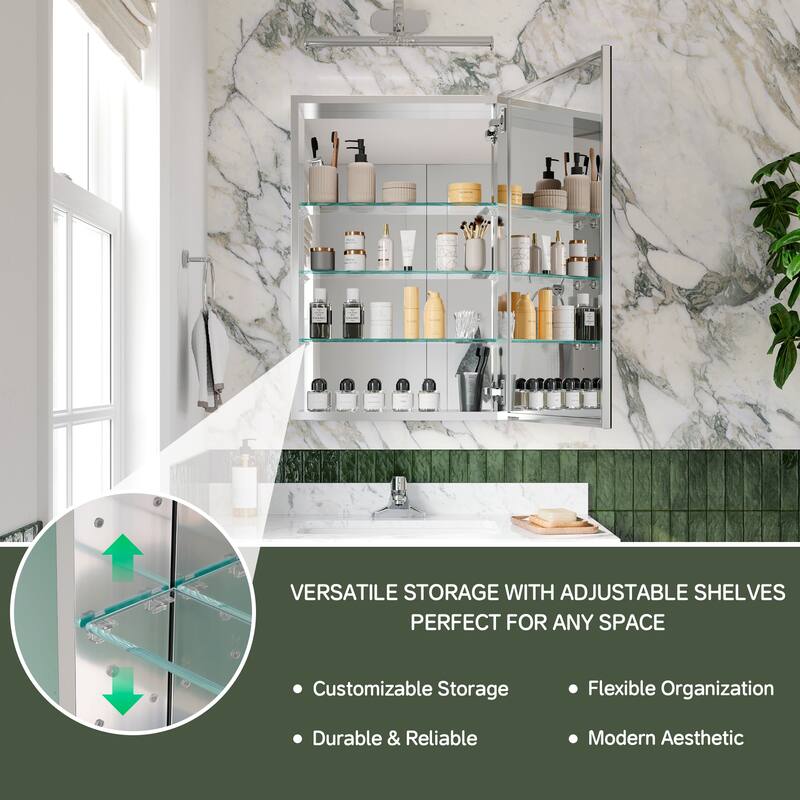 20x30 in Mirrored Medicine Cabinet, Tri-View, Right-Swing, Recessed/Surface, Copper-Free, Blum Soft-Close, Chrome