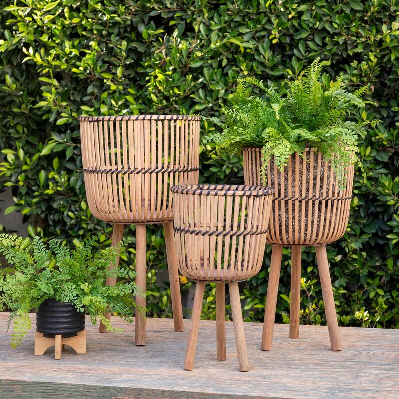 11/13/15" Bamboo Planters on Stand,Set of 3