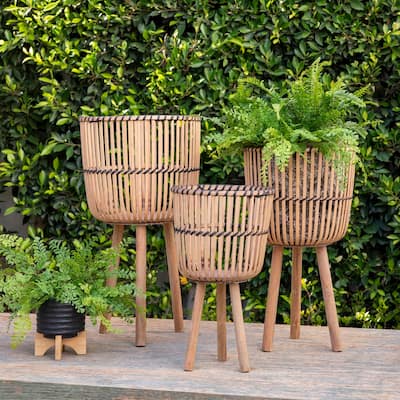 11/13/15" Bamboo Planters on Stand,Set of 3