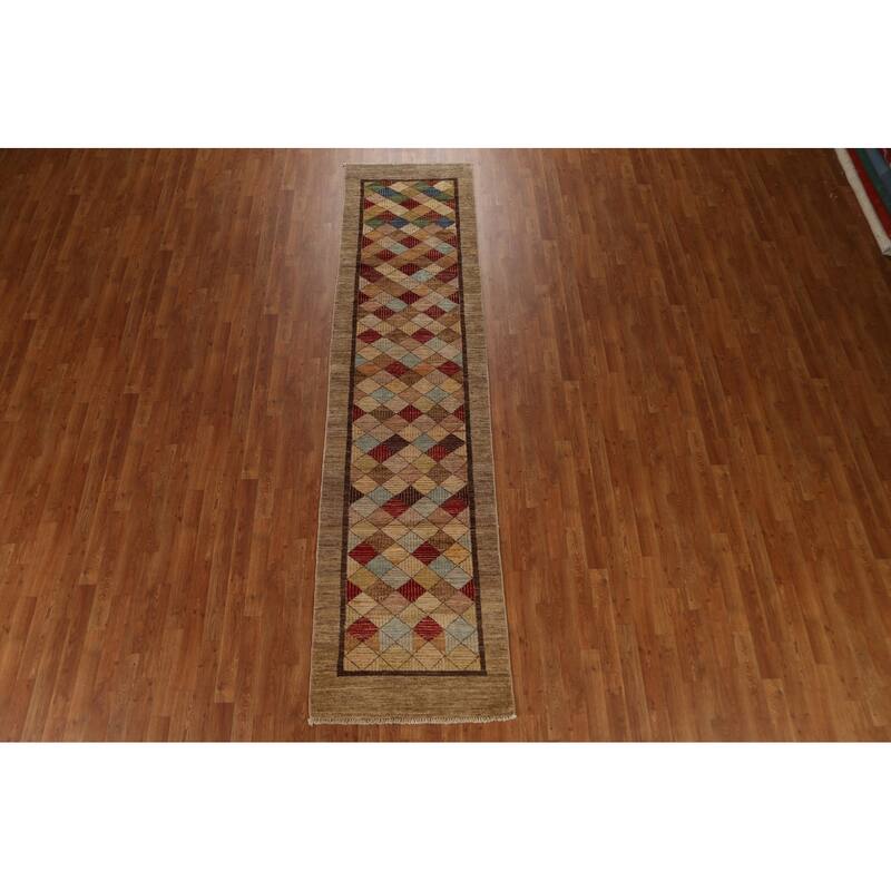 Hand Knotted Oriental 100% Wool Carpet Tribal Geometric Brown Gabbeh (kashkoli) Runner Rug - 10' 9'' X 2' 8''