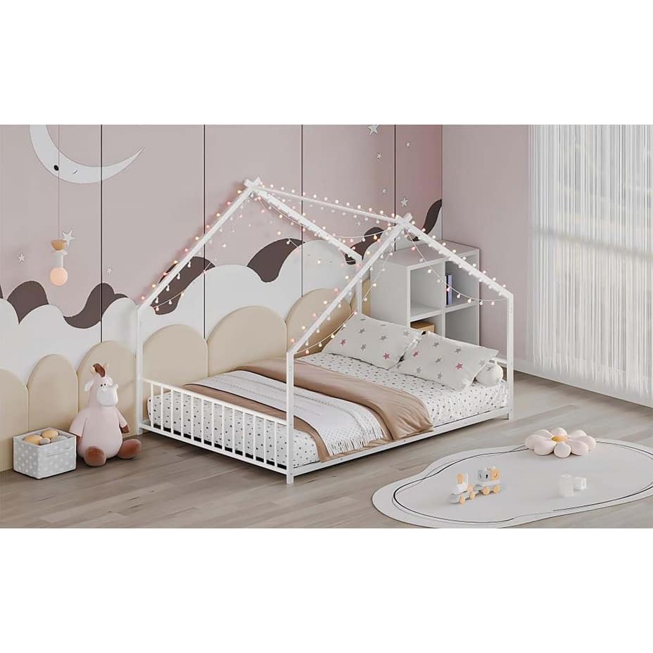 Platform Bed with LED Light Strips,Roof-Shaped Iron Design for Fun and Safety