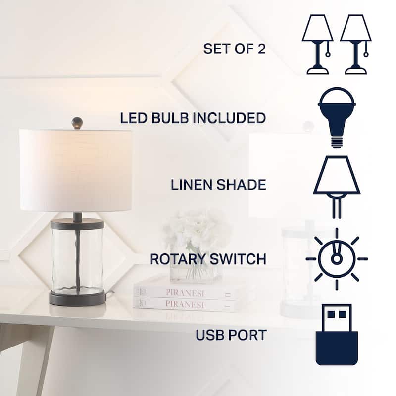 Charlotte 21" Modern Designer Iron/Water Glass LED Table Lamp with USB Charging Port, Black/Clear (Set of 2) by JONATHAN Y