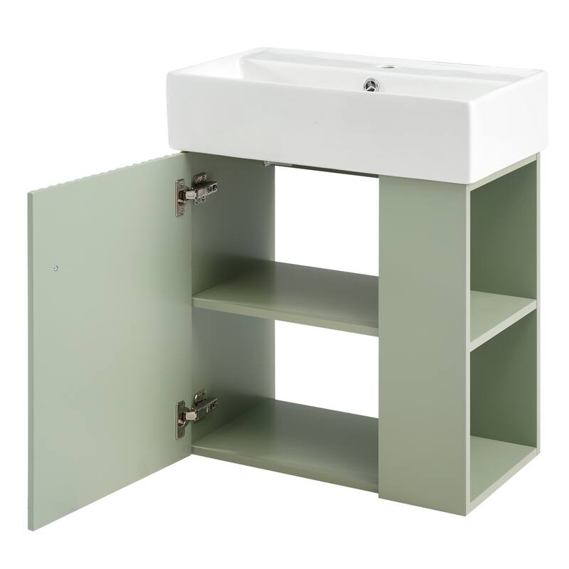 Floating Bathroom Vanity with Sink, Wall Mounted Bathroom Vanity, Narrow Bathroom Cabinet with Soft-Close Door & Open Shelf