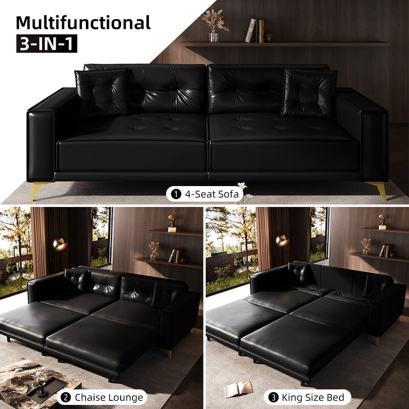 Oversized 3-in-1 Convertible Sofa Bed, 92.1" Faux Leather Square Arms Loveseat, Modern Pull-Out Sleeper Couch with Pillows