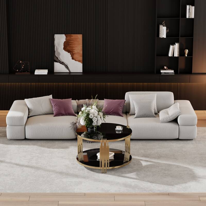 31.5" Modern Mirror Coffee Table with Storage Shelf and Circular Metal Drum Base