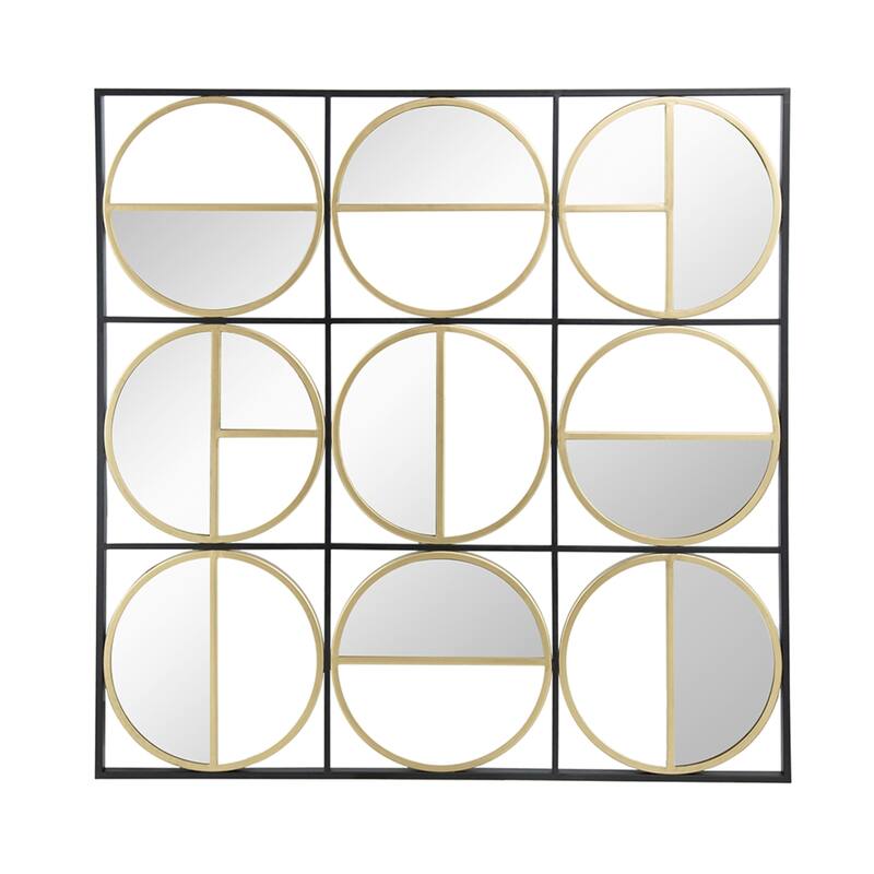Square Wall Mirror With Frame and Nine Circles 35.5" Black and Gold