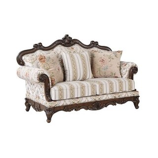 Garcia 69 Inch Classical Loveseat, Floral Carvings, Pillows, Brown ...